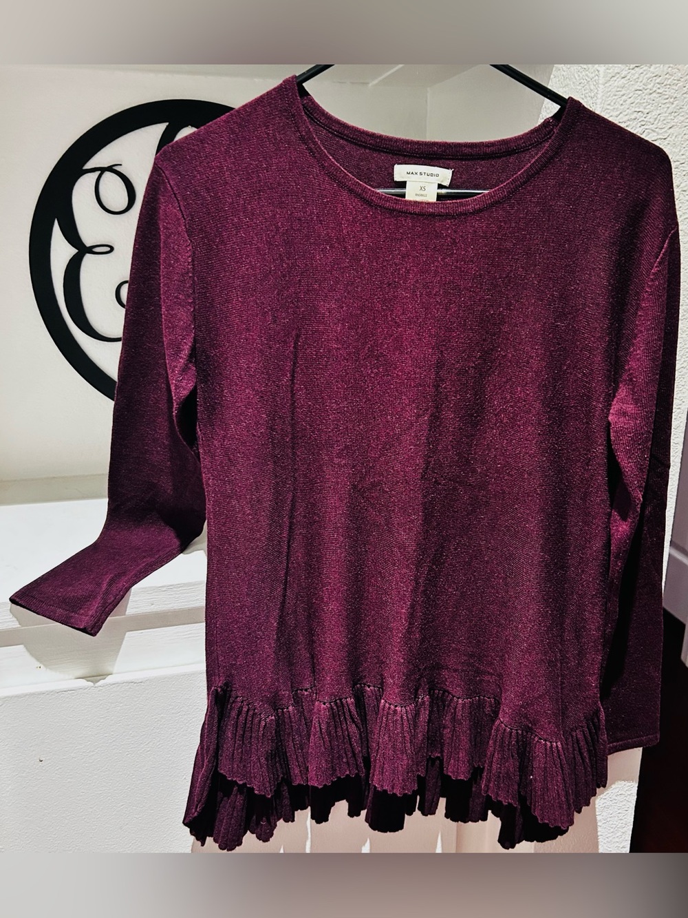 Max Studio Plum Ruffle-Hem Long Sleeve Top/Sweater